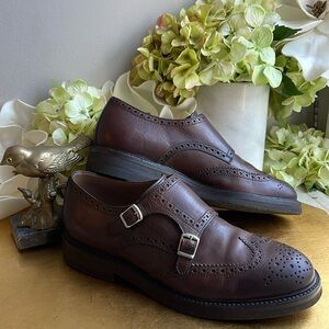 Brunello Cucinelli Brogue Wingtip Double Monk Strap Loafers in Brown Leather